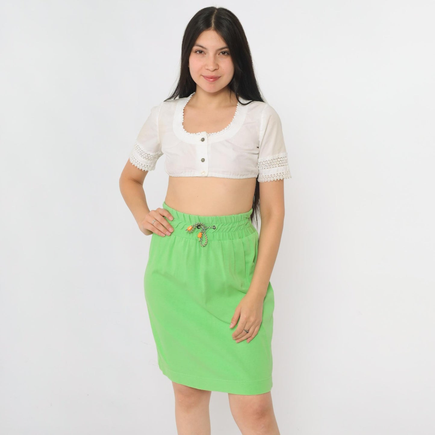90s Lime Green Mini Skirt Drawstring Waist Cotton Small S