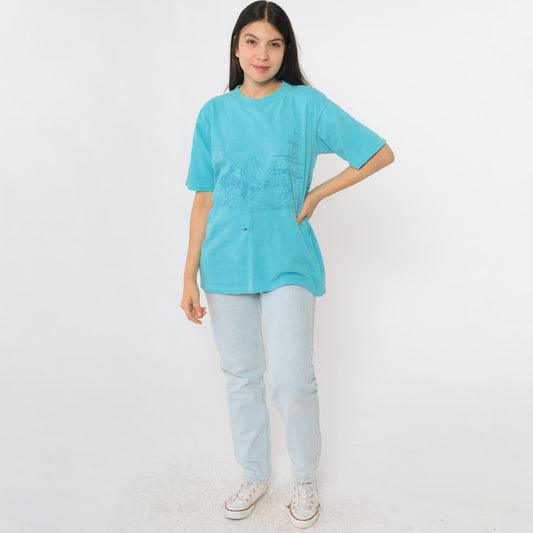 80s Hawaii Sailors Rowboat Beach Graphic T-Shirt Blue Crewneck Medium