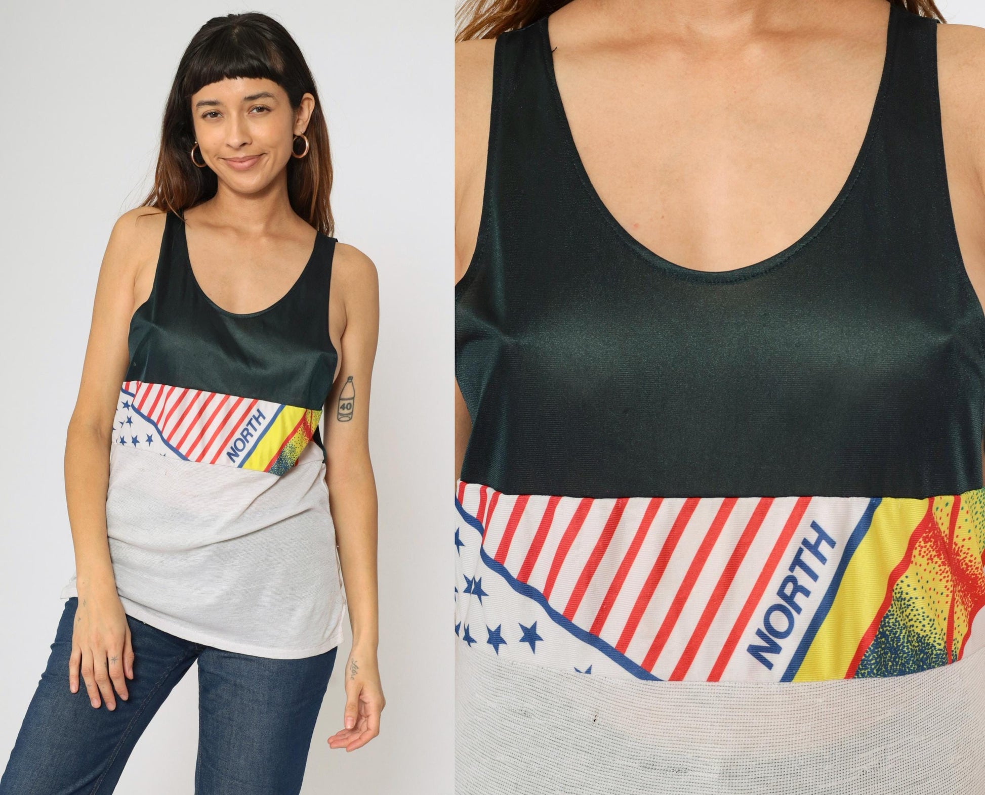 90s Colorblock Mesh Athletic Tank Top Flag Graphic Black White Small S