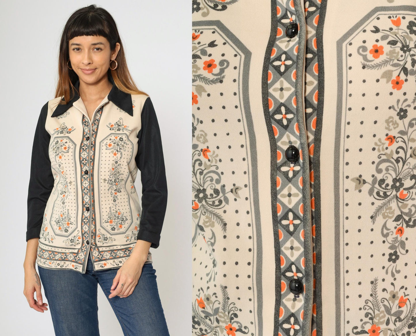 70s Mod Floral Blouse Beige Black Dagger Collar Button Down Small