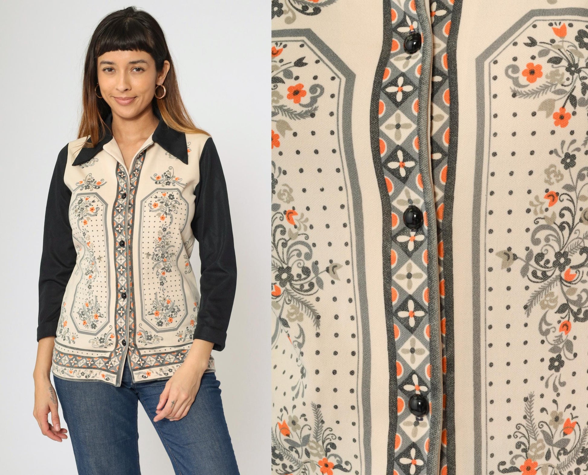 70s Mod Floral Blouse Beige Black Dagger Collar Button Down Small