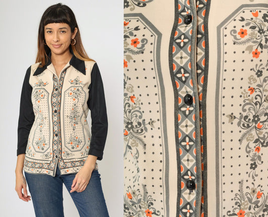 70s Mod Floral Blouse Beige Black Dagger Collar Button Down Small