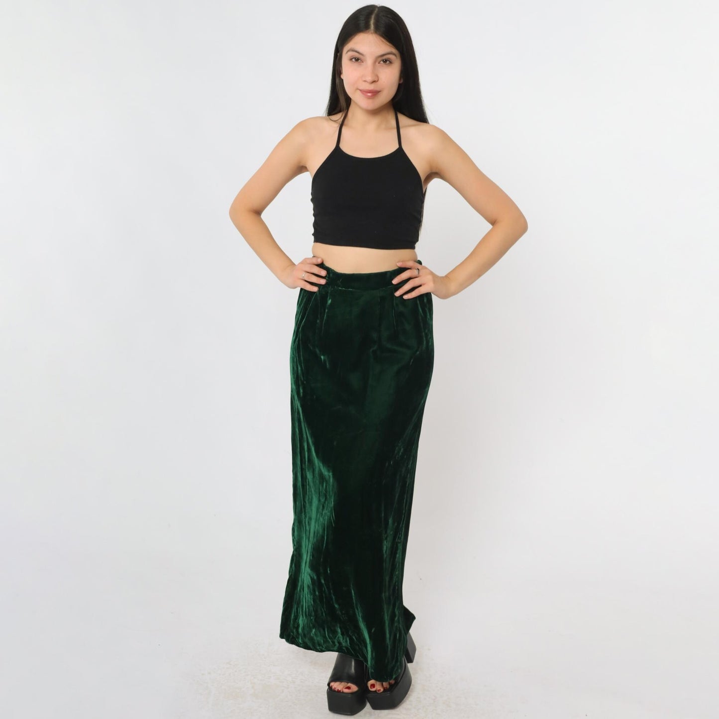 80s Green Velvet Maxi Skirt High Waist Ankle Length Small S