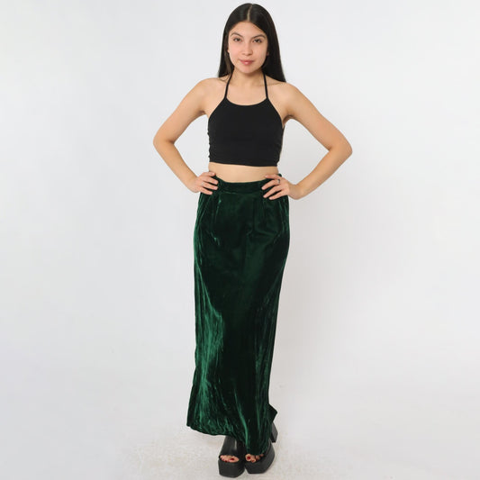 80s Green Velvet Maxi Skirt High Waist Ankle Length Small S
