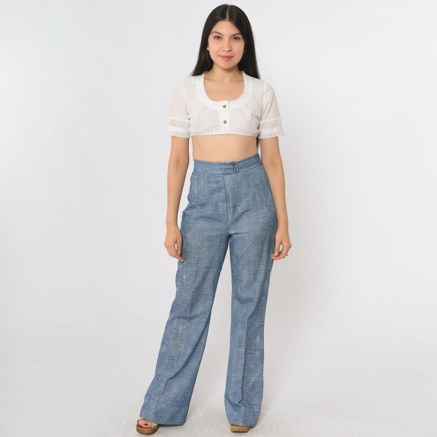 70s Blue Faux Denim Bell Bottom Trousers High Rise Elastic Waist Small