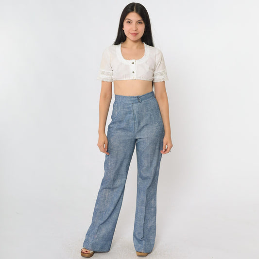 70s Blue Faux Denim Bell Bottom Trousers High Rise Elastic Waist Small
