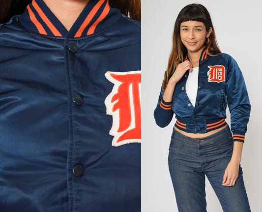 80s Detroit Tigers Satin Bomber Jacket Navy Blue Snap Front Kid's 12