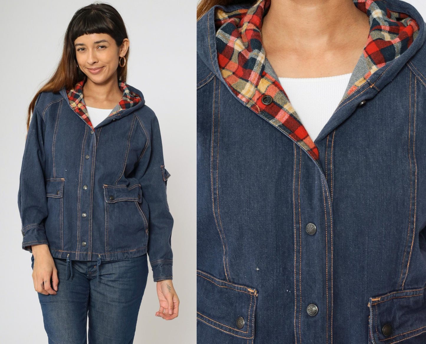 80s Dark Blue Denim Jacket Hooded Plaid Trim Cotton Medium