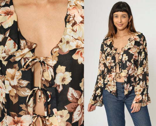 90s Gemini Black Floral Tie-Front Blouse Ruffled Collar Long Sleeve Large L