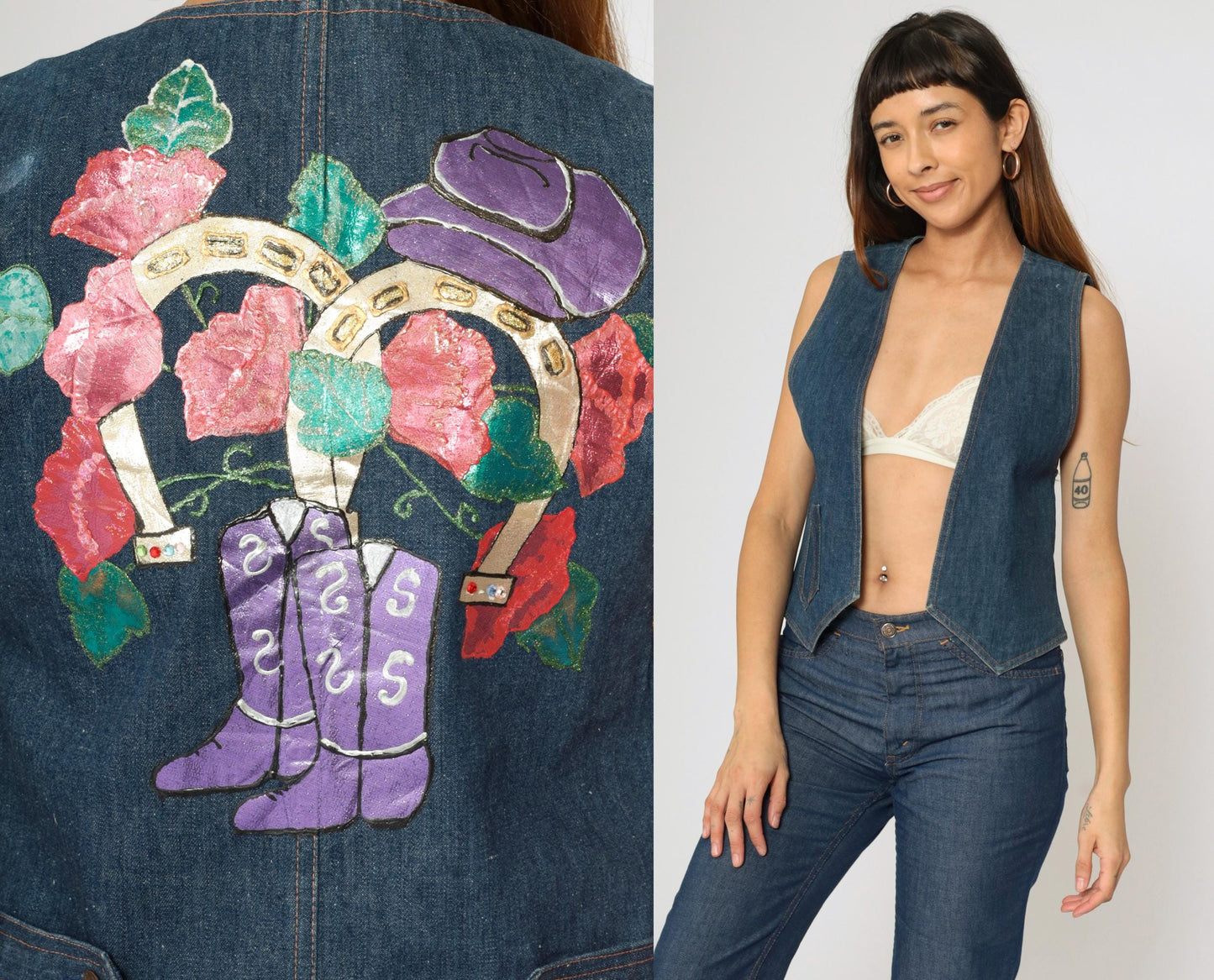 90s Koret City Blues Denim Vest Hand Painted Western Cowgirl Boots Horseshoe Small S