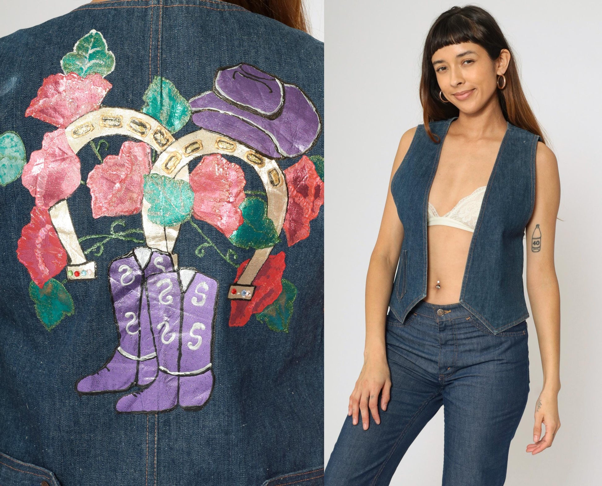90s Koret City Blues Denim Vest Hand Painted Western Cowgirl Boots Horseshoe Small S