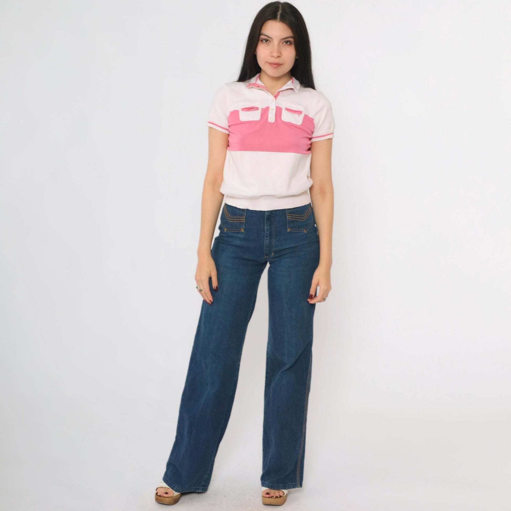 80s Jamie Sadock Striped Polo Shirt White Pink Snap Button Short Sleeve Extra Small