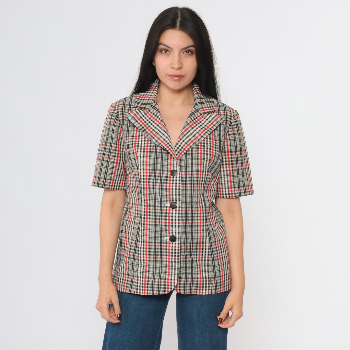70s Black White Red Plaid Button-Up Blouse Short Sleeve Collared Shirt Medium