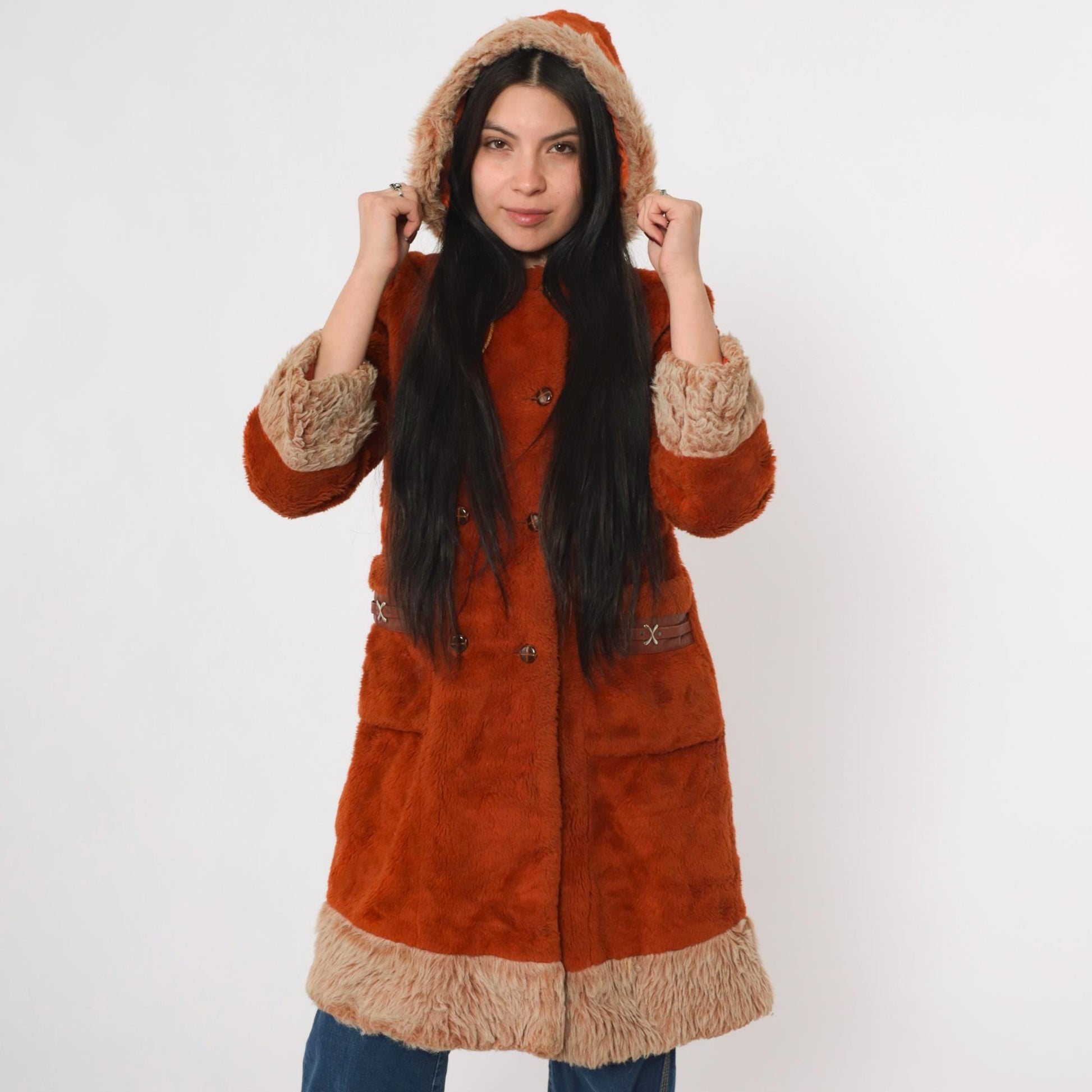 70s Burnt Orange Faux Fur Hooded Jacket Double Breasted Extra Small