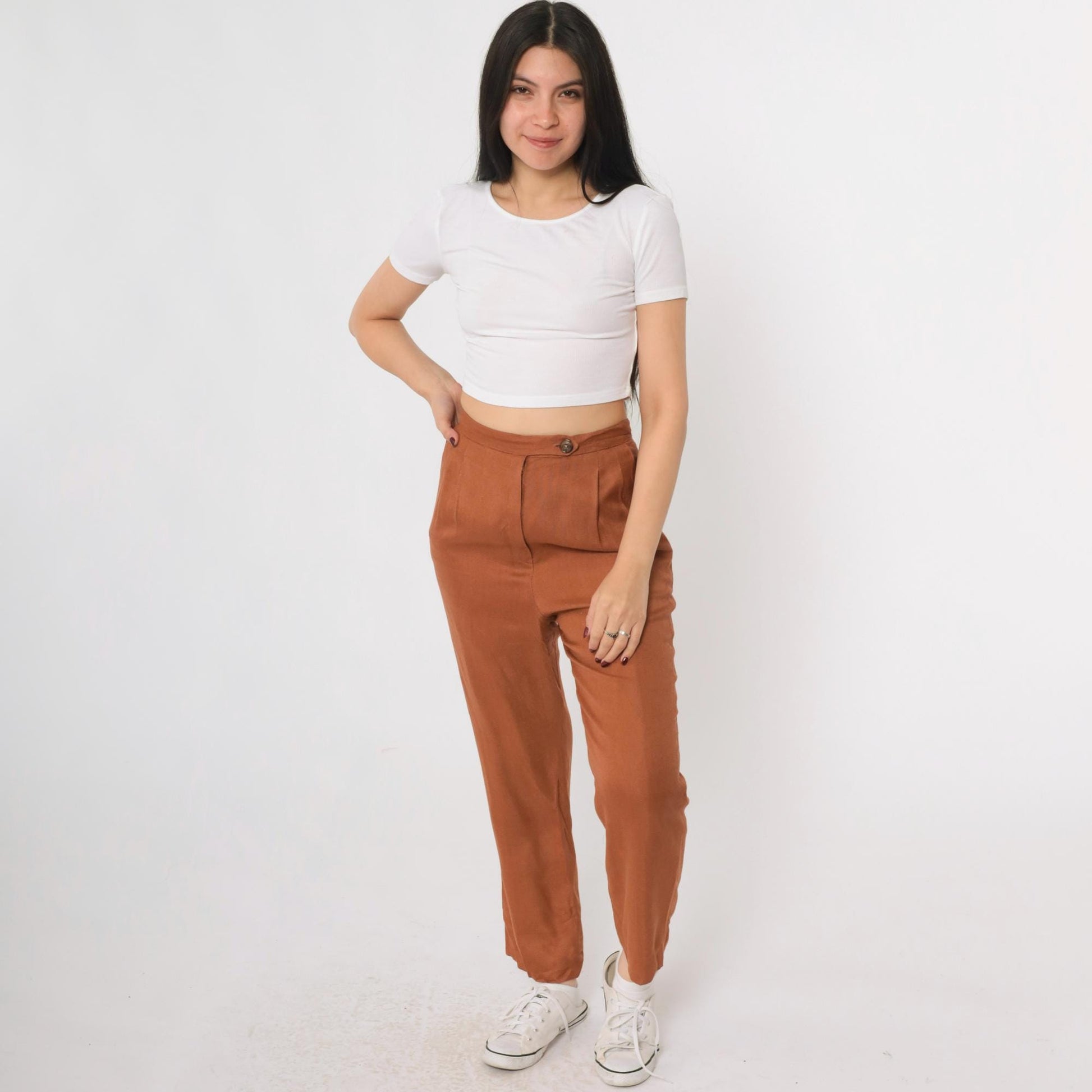 80s Burnt Orange Pleated High-Waist Trousers Straight Leg Small