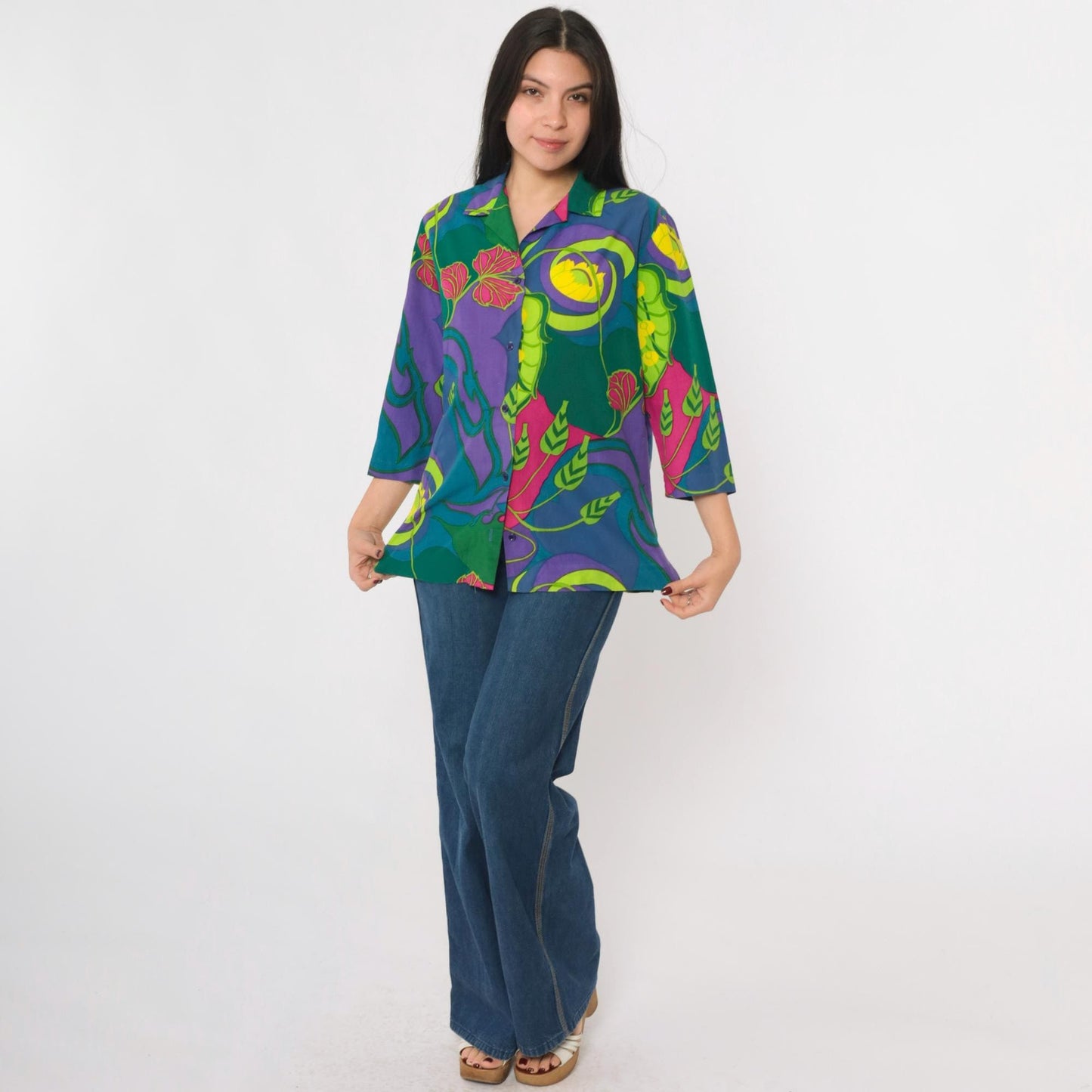 70s Tropical Floral Button-Up Shirt Purple Green Multicolor 3/4 Sleeve Medium M