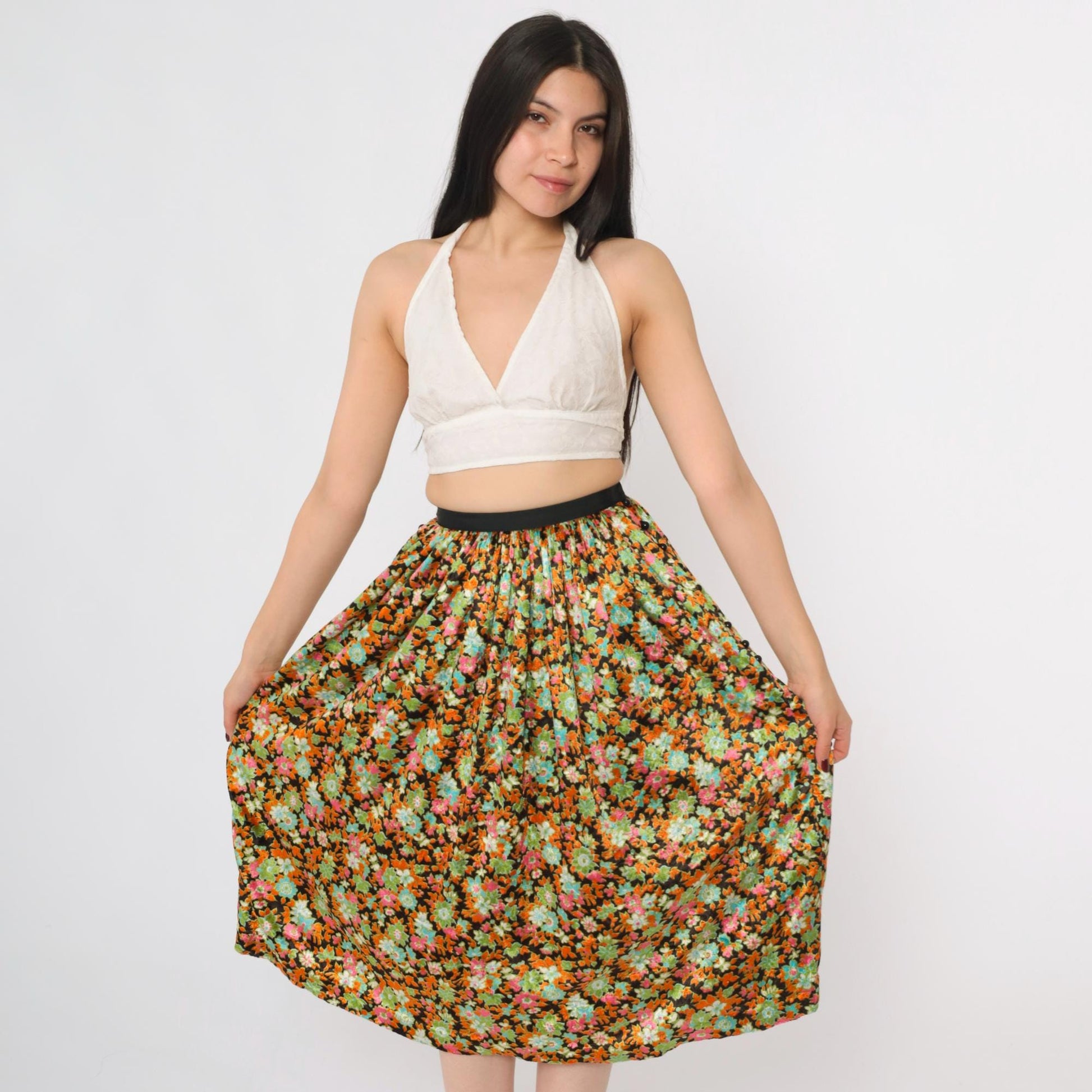70s Floral Velvet Midi Skirt High Waisted Orange Green XXS
