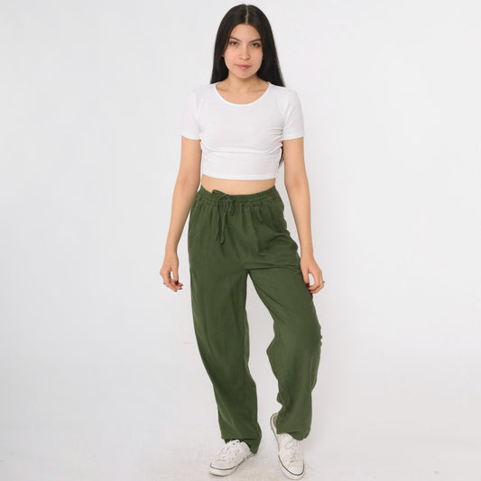 90s Selene Sport Olive Silk Tapered Pants Drawstring Elastic Waist Small S