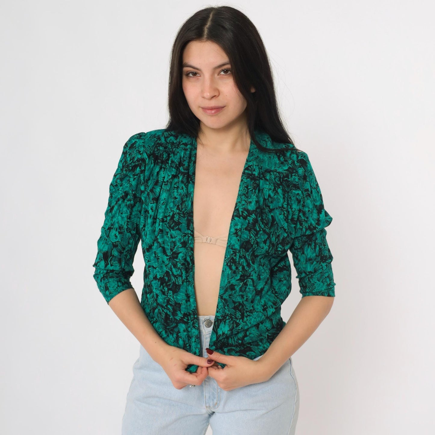 80s Jazzy Rayon Blouse Puff Sleeve Abstract Floral Green Black Small
