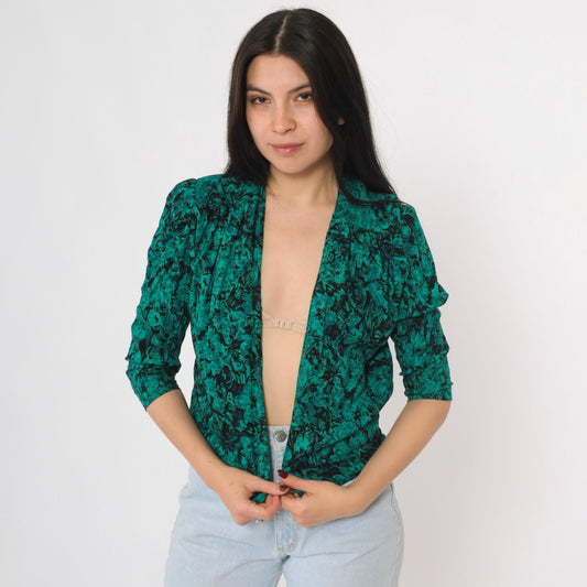 80s Jazzy Rayon Blouse Puff Sleeve Abstract Floral Green Black Small