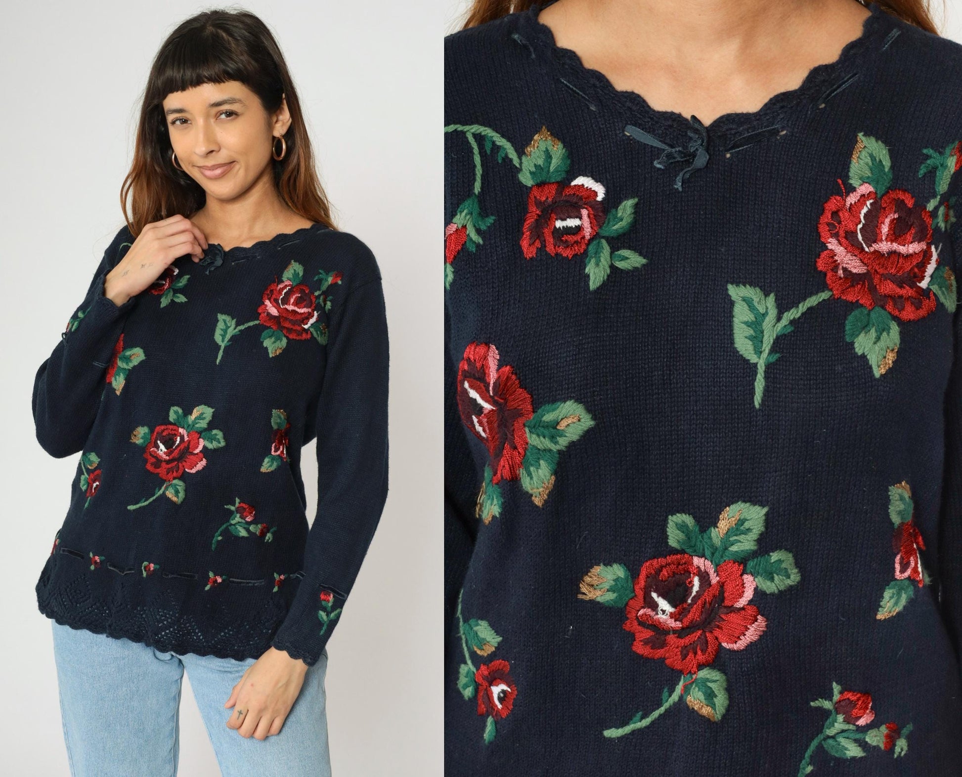 90s Navy Embroidered Floral Pullover Sweater Openwork Knit Medium Petite