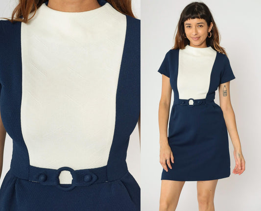 60s Mod Colorblock Mini Dress Navy White Bib Mock Neck Small