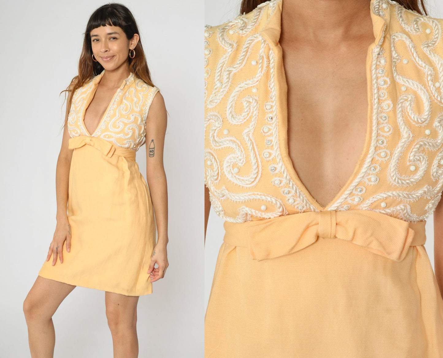 60s Maison Mendessolle Peach Mini Dress Beaded Bow Empire Waist XS