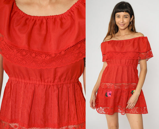 90s Mexican Peasant Dress Red Floral Embroidered Mini Off-Shoulder Small