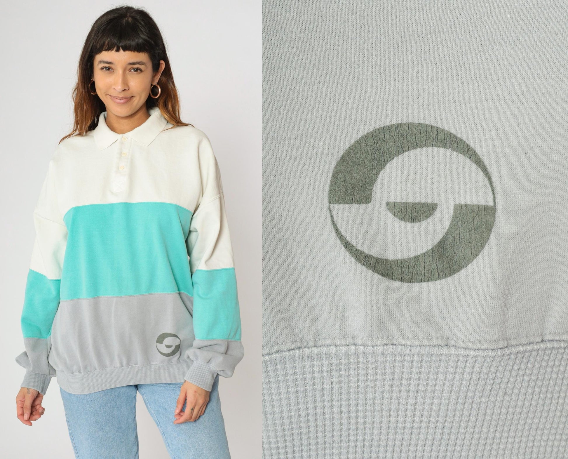 90s John Ashford Sport Colorblock Polo Sweatshirt Off-White Aqua Grey Large L