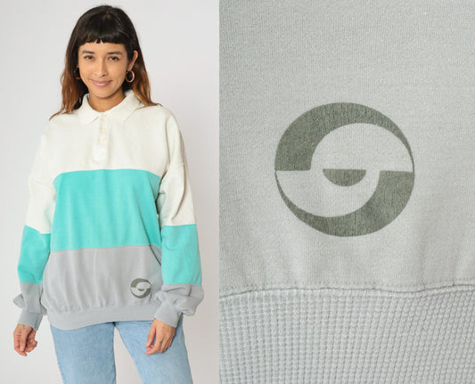 90s John Ashford Sport Colorblock Polo Sweatshirt Off-White Aqua Grey Large L
