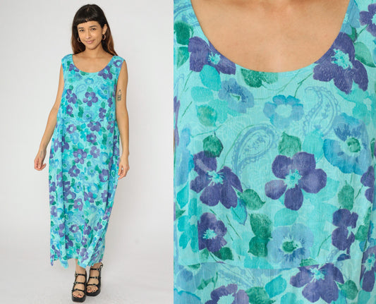 90s Aqua Watercolor Floral Paisley Maxi Dress Sleeveless Rayon Plus Size XXL