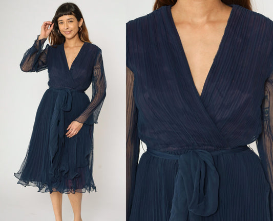 70s Navy Chiffon Midi Dress Pleated V-Neck Sheer Sleeves High Waist Small