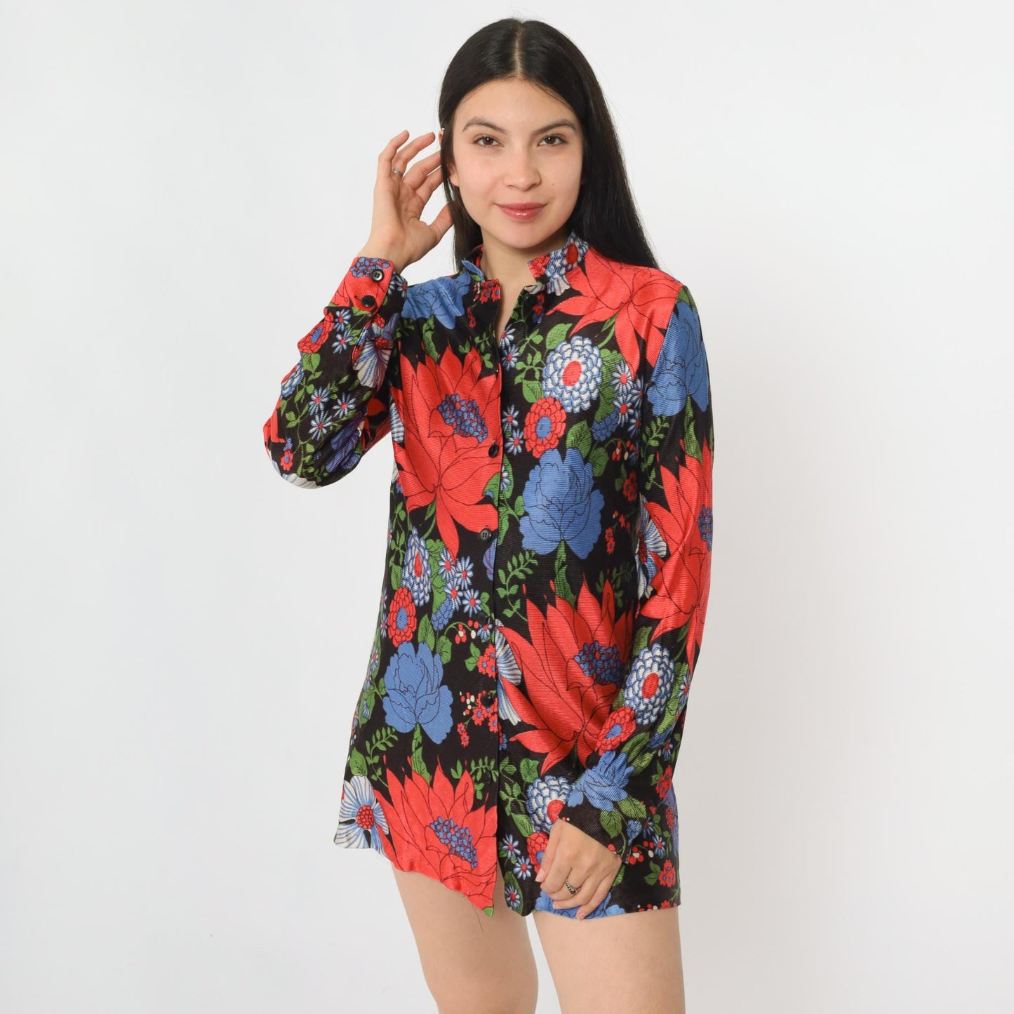 70s Dutchmaid Floral Mandarin Collar Blouse Red Blue Tunic Small
