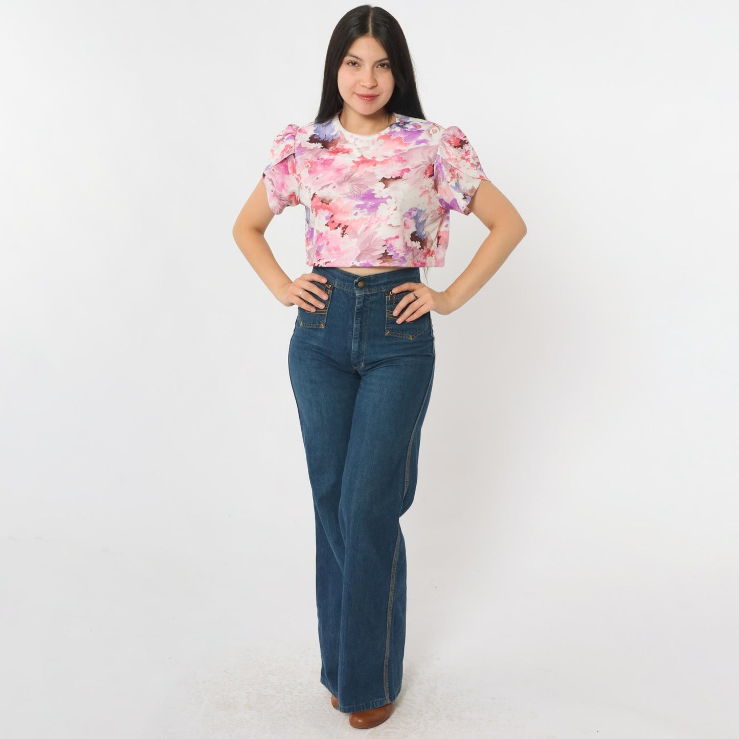 70s Floral Crop Top Puff Sleeve Blouse Pink Purple White Medium