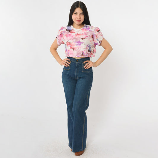 70s Floral Crop Top Puff Sleeve Blouse Pink Purple White Medium