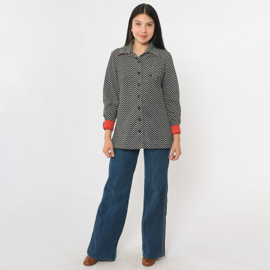 70s Black White Striped Button Up Blouse Dagger Collar Long Sleeve Small Medium