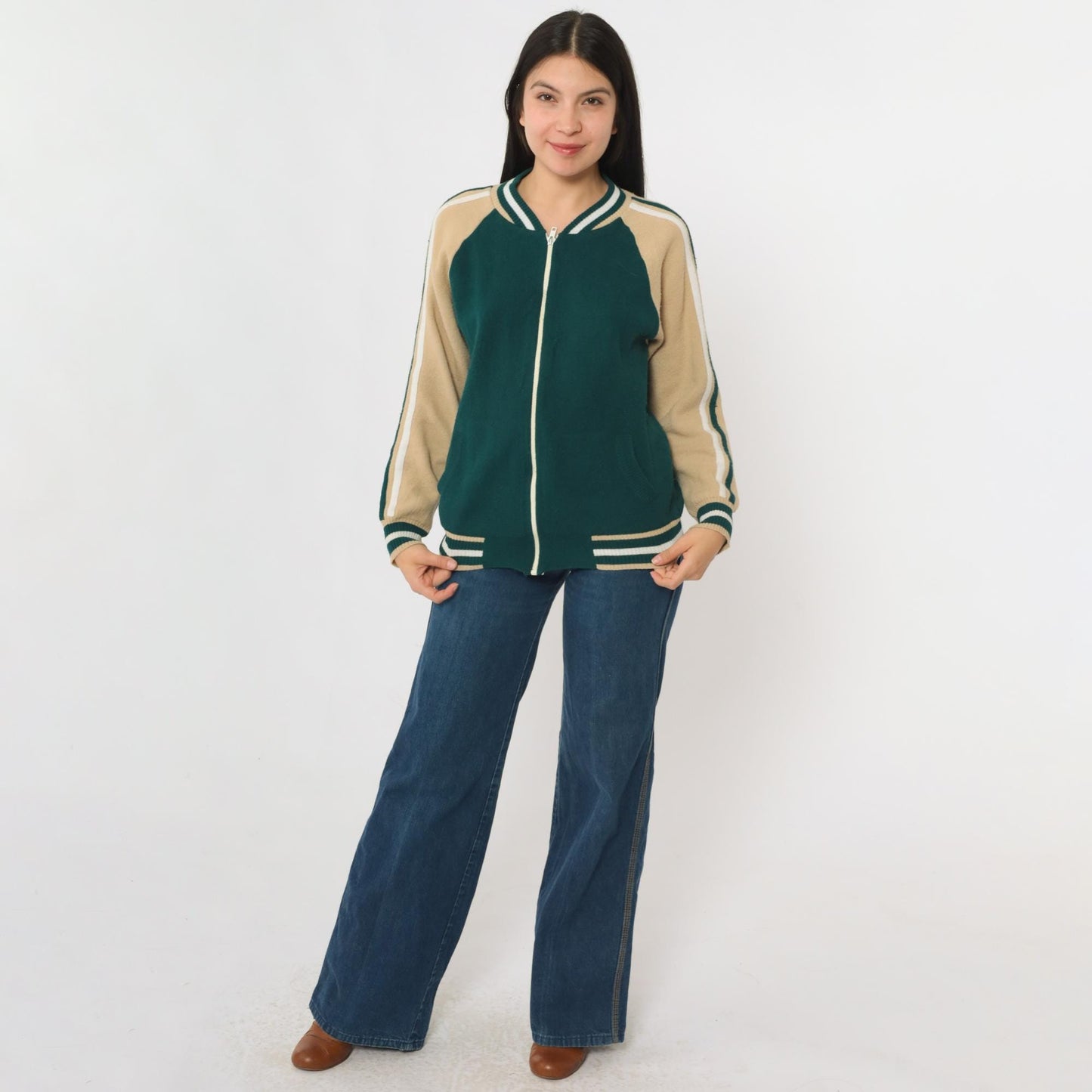 80s Plum Blossom Track Jacket Green Acrylic Knit Raglan Zip-Up Medium