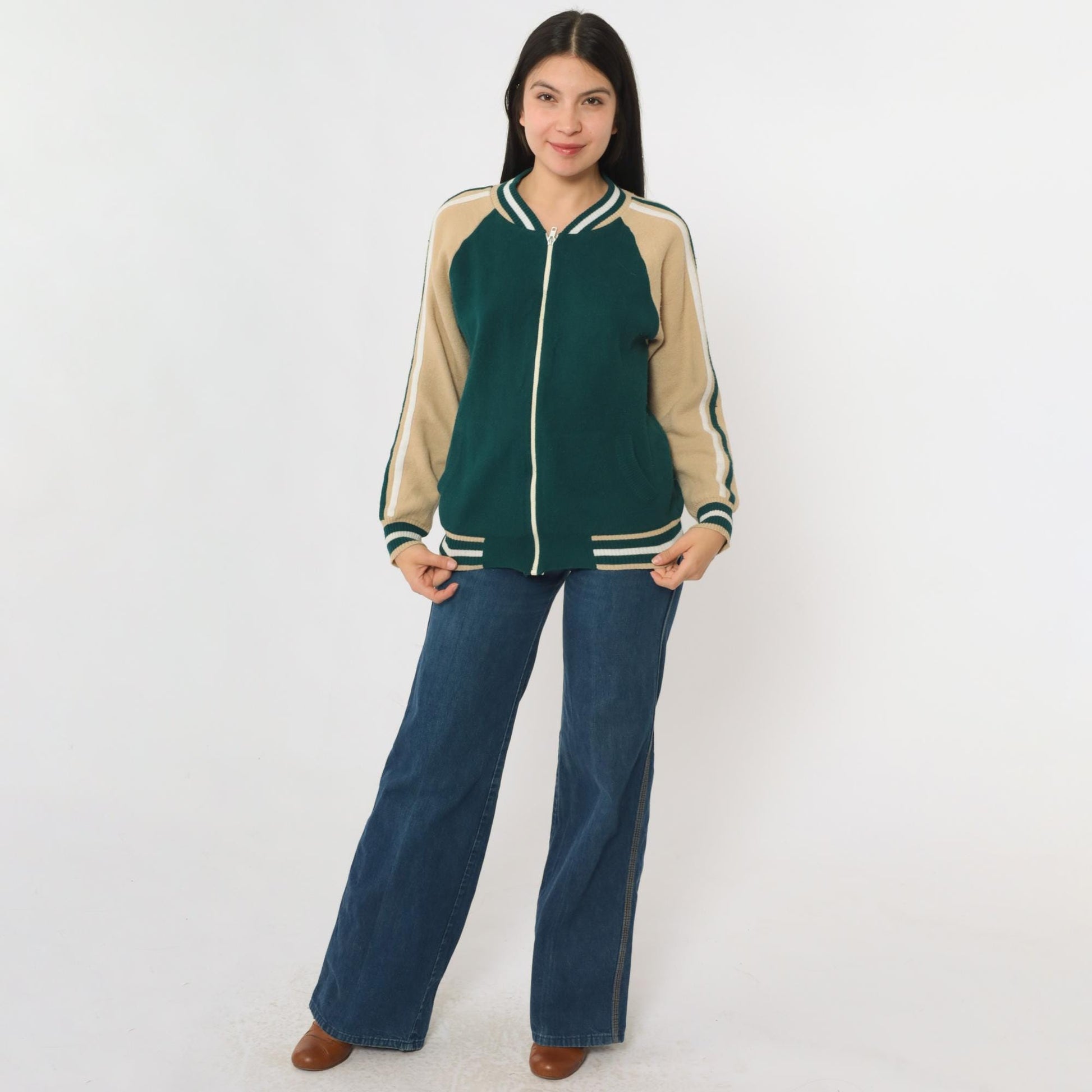 80s Plum Blossom Track Jacket Green Acrylic Knit Raglan Zip-Up Medium