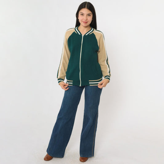 80s Plum Blossom Track Jacket Green Acrylic Knit Raglan Zip-Up Medium