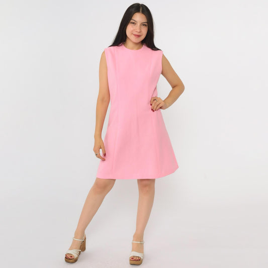 60s Pink Mod A-Line Mini Dress Sleeveless Shift Small