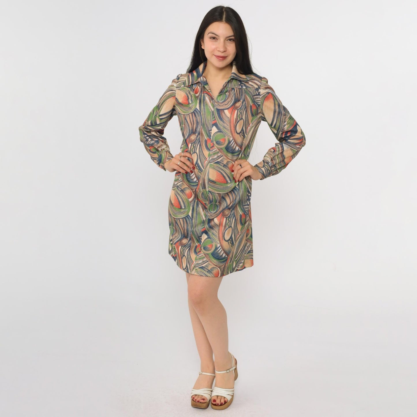 70s Geometric Abstract Print Shift Dress Long Sleeve Mini Length Medium M