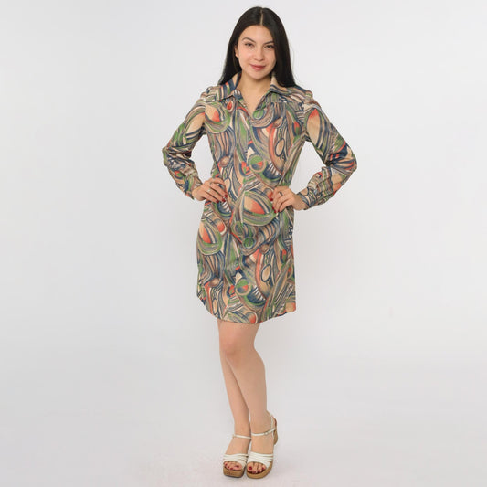 70s Geometric Abstract Print Shift Dress Long Sleeve Mini Length Medium M