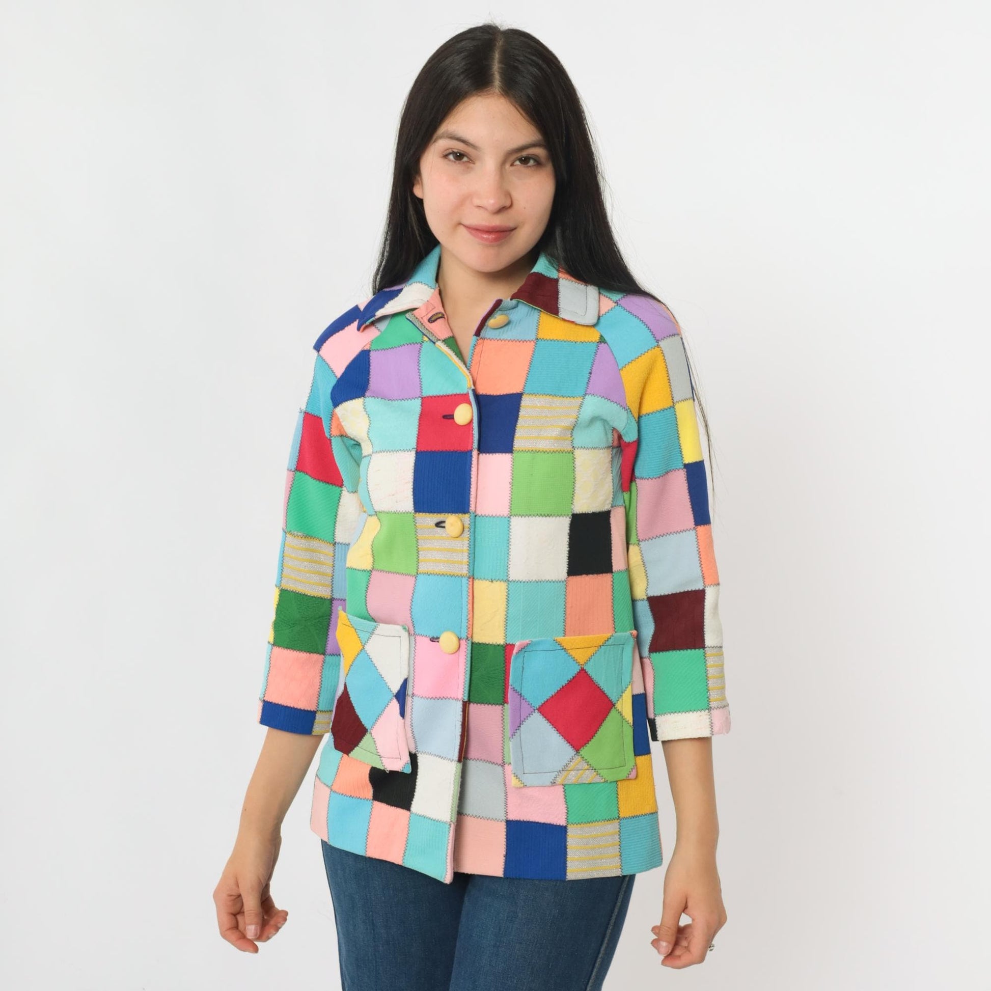 70s Patchwork Quilted Jacket Multicolor Square Block Notch Collar Extra Small