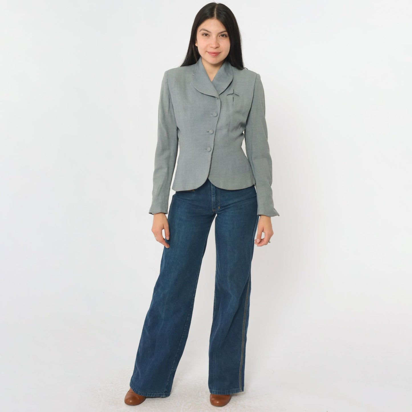 1940s Grey Wool Blazer Cropped Sculpted Waist Shawl Collar Extra Small