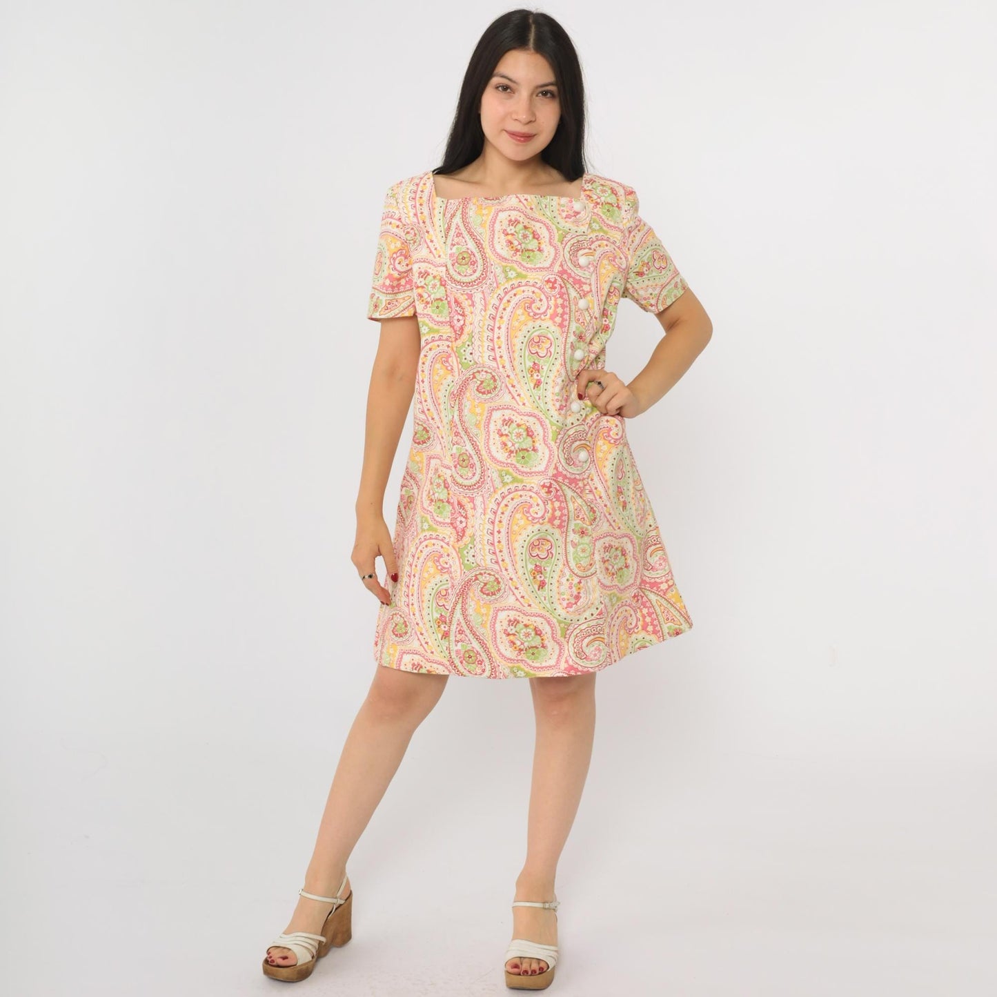 90s Paisley Mini Dress Psychedelic Print Asymmetrical Button Shift Medium Large