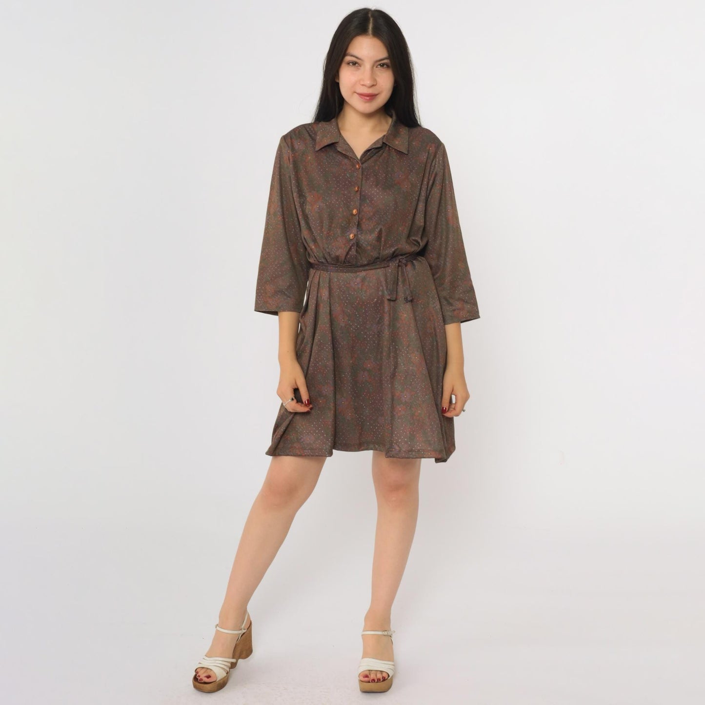 70s Brown Floral Mini Shirtdress Button-Up 3/4 Sleeve High Waist Extra Large