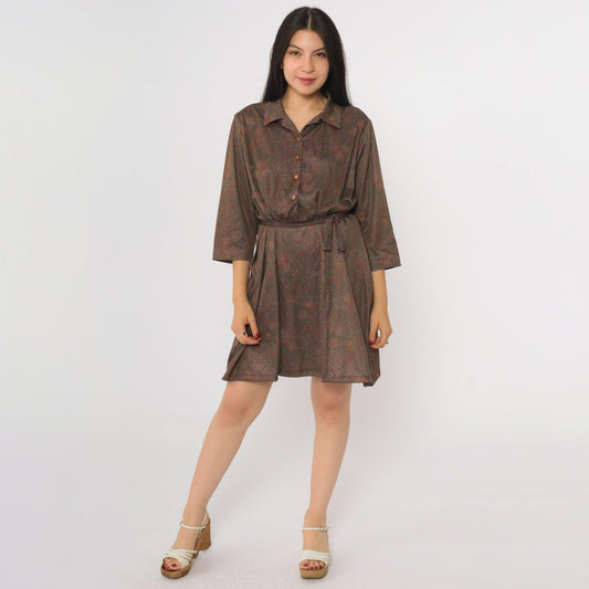 70s Brown Floral Mini Shirtdress Button-Up 3/4 Sleeve High Waist Extra Large