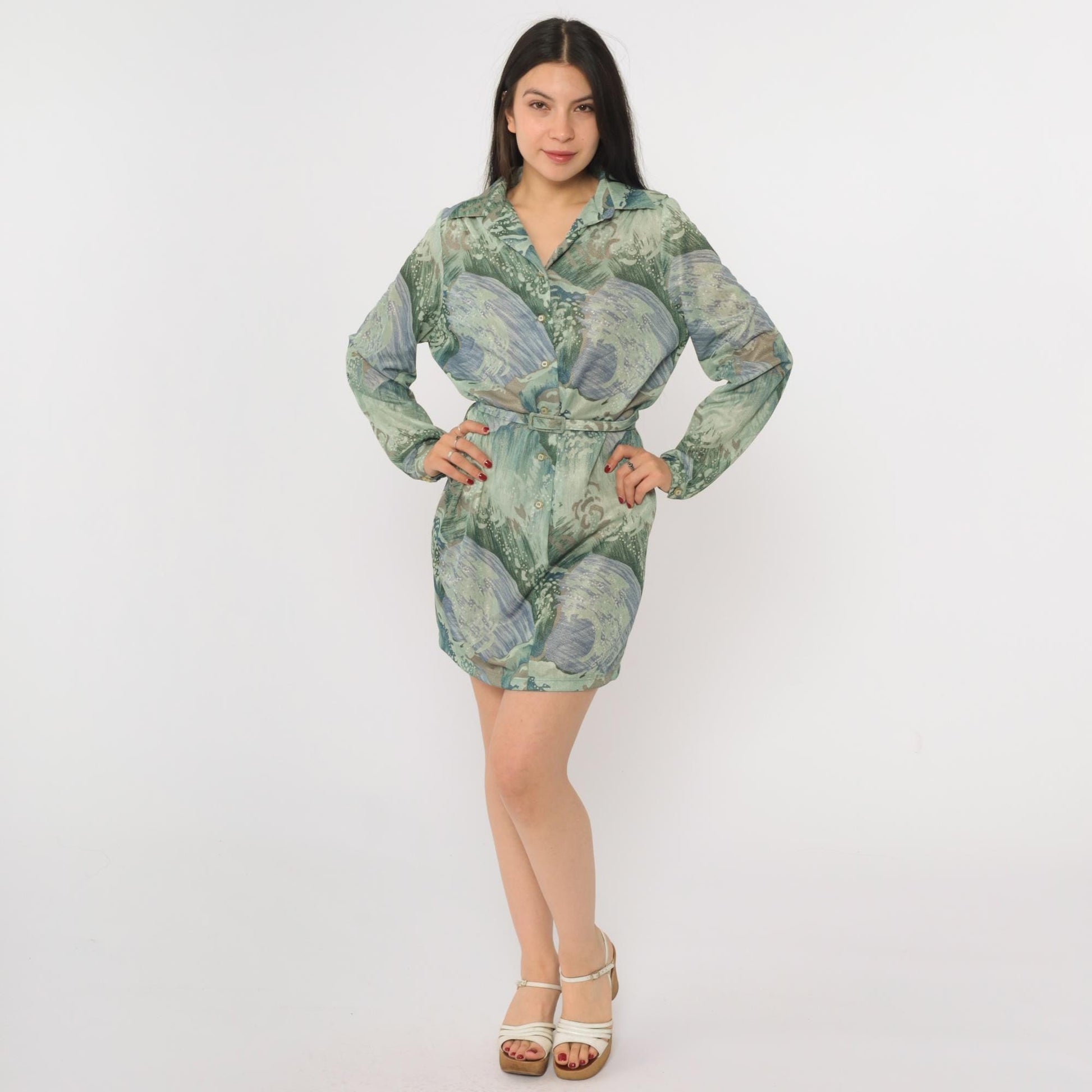 70s Abstract Wave Print Mini Shift Dress Button Up Long Sleeve Green Blue Medium M