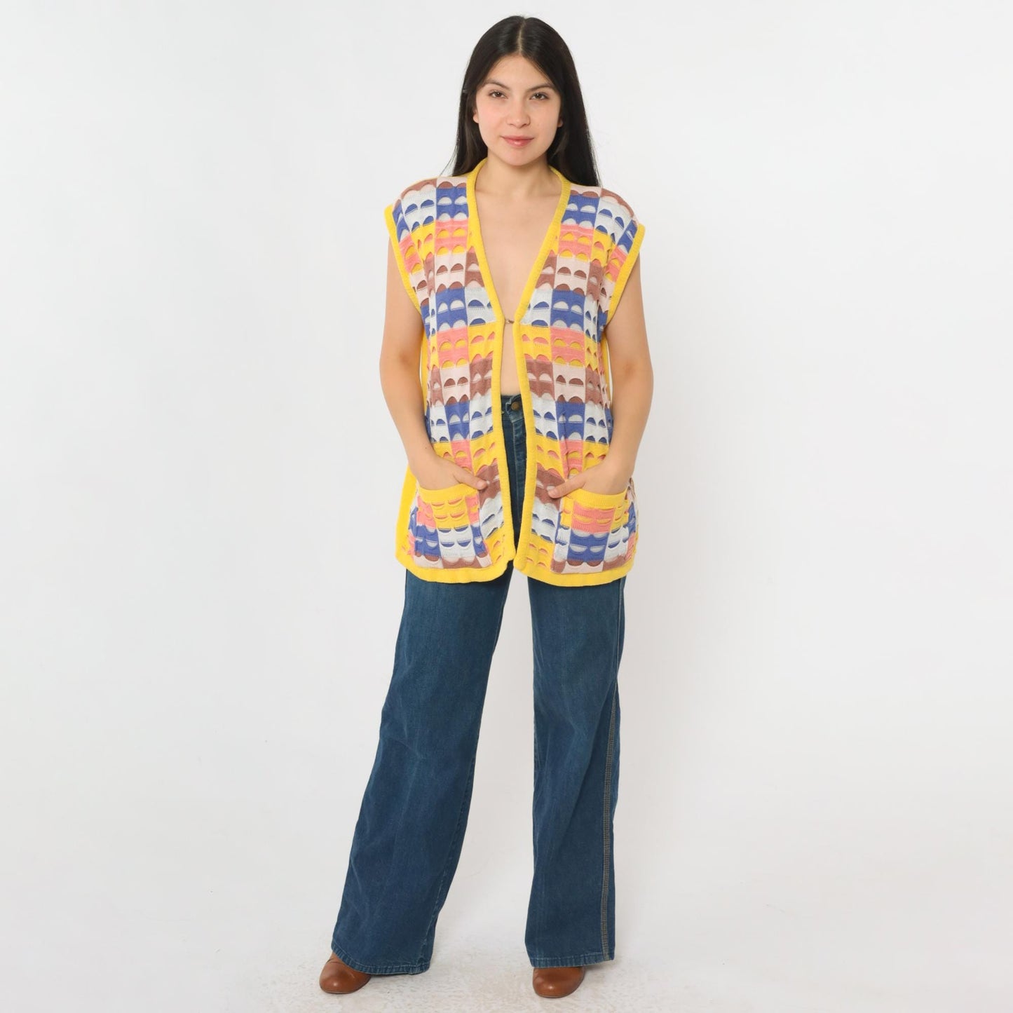 70s Patchwork Knit Vest Yellow Multicolor Open Front Sleeveless Large L