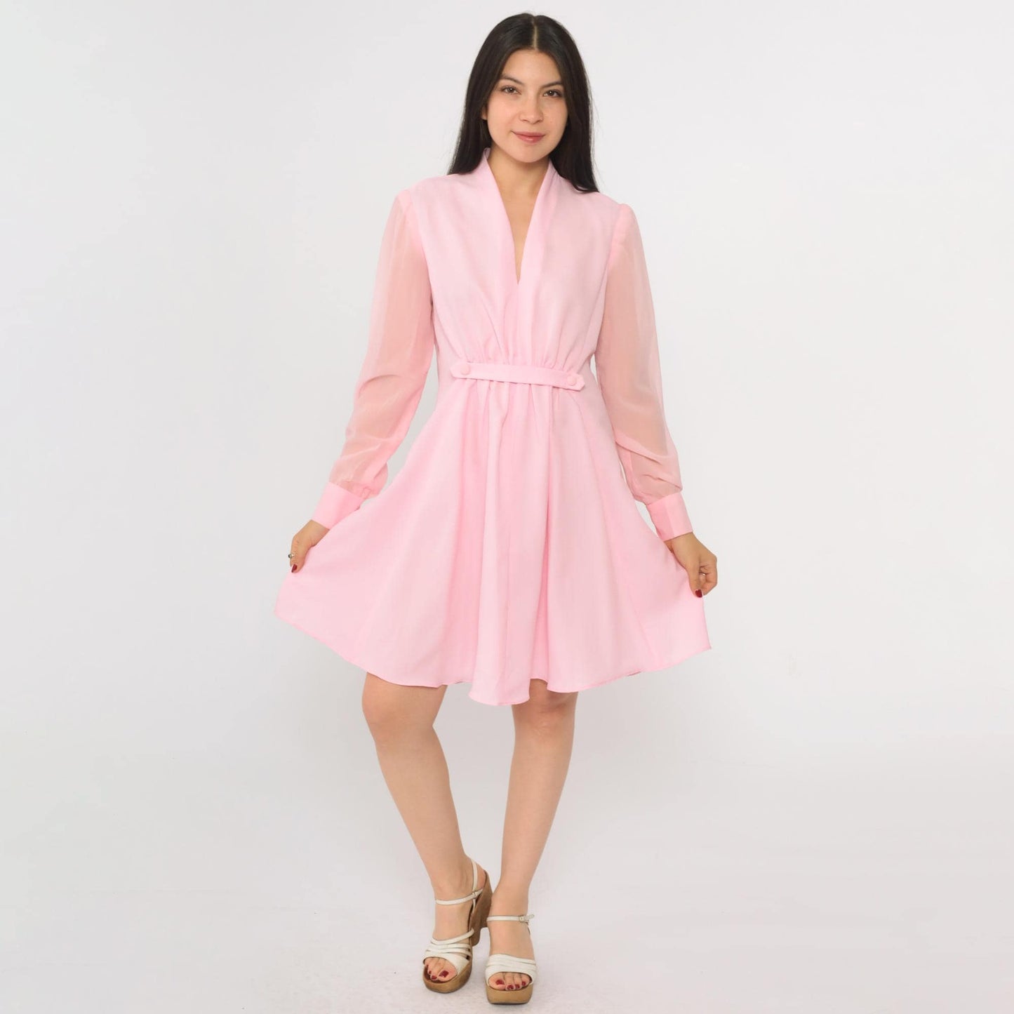 70s Pink Mini Dress V-Neck Sheer Chiffon Sleeve High Waist Gathered Medium